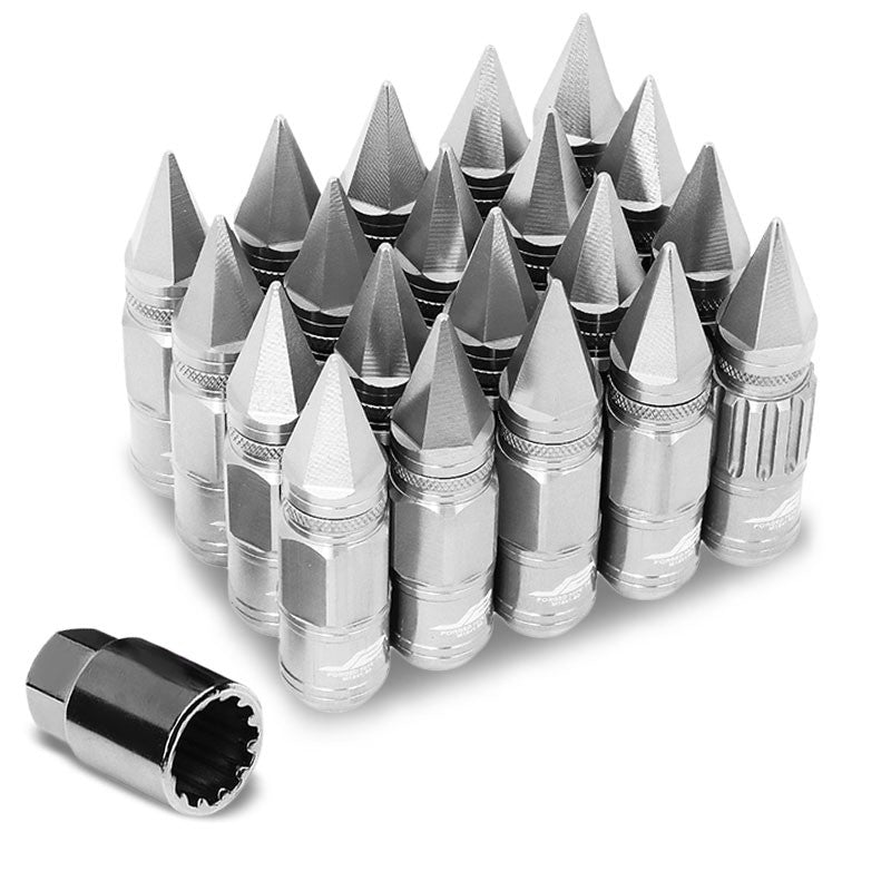 J2 Silver Open Knurled End Acorn+Spike Cap M12 x 1.50 16 Lug Nuts+4 Lock Nuts-Car & Truck Wheels-BuildFastCar-BFC-LN-T7-012-15-SL
