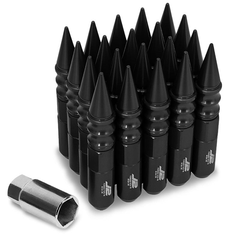J2 Aluminum Black Open End Acorn Tuner+Spike Cap M12x1.50 25MM OD/123MM Lug Nuts-Car & Truck Wheels-BuildFastCar