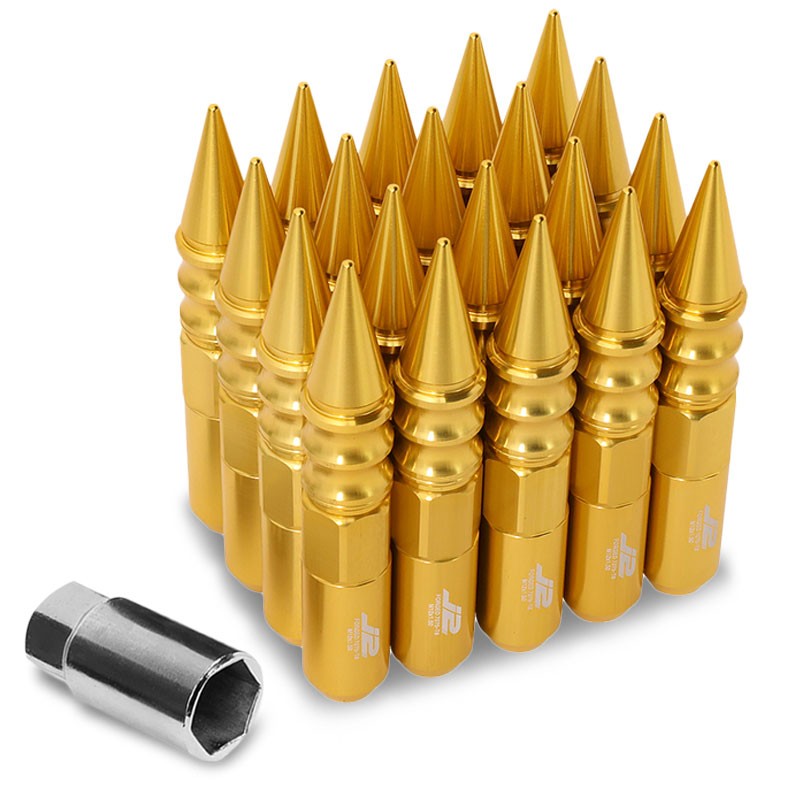 J2 Aluminum Gold Open End Acorn Tuner+Spike Cap M12x1.50 25MM OD/123MM Lug Nuts-Car & Truck Wheels-BuildFastCar