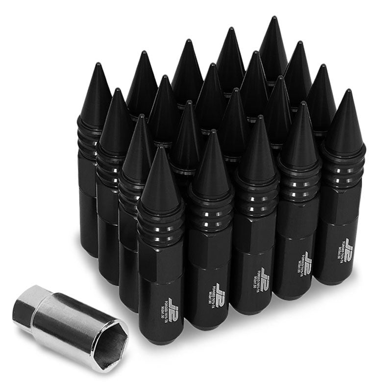 J2 Aluminum Black Open End Acorn Tuner+Spike Cap M12x1.50 25MM OD/107MM Lug Nuts-Car & Truck Wheels-BuildFastCar