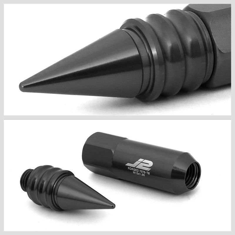 J2 Aluminum Black Open End Acorn Tuner+Spike Cap M12x1.50 25MM OD/107MM Lug Nuts-Car & Truck Wheels-BuildFastCar
