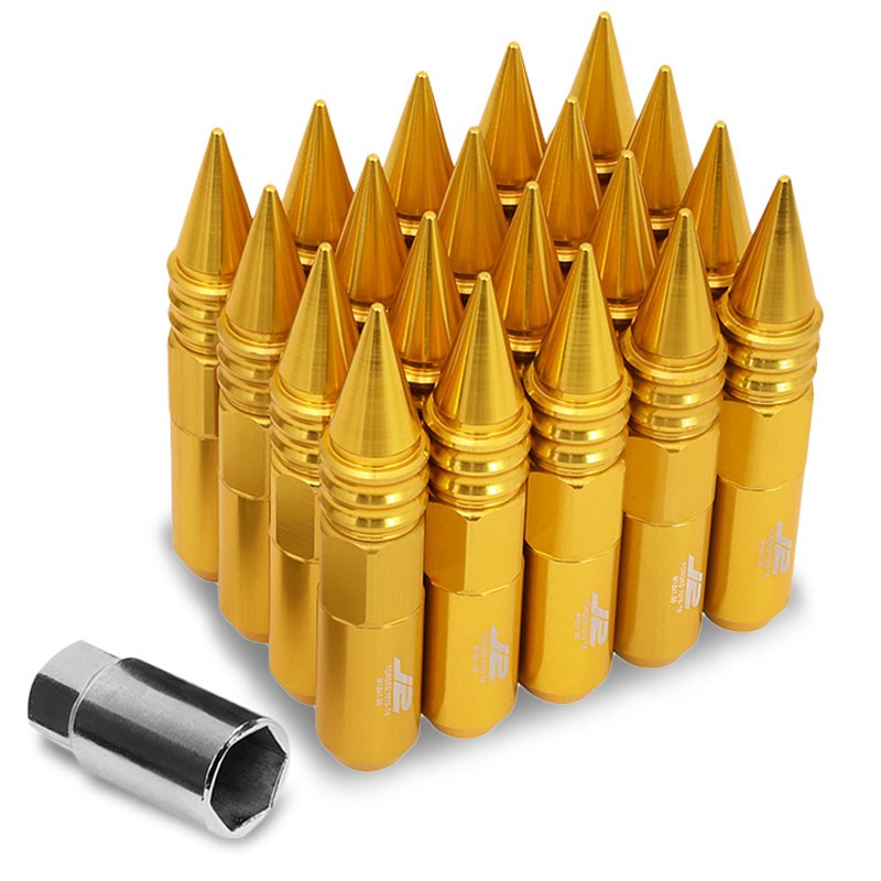J2 Aluminum Gold Open End Acorn Tuner+Spike Cap M12x1.50 25MM OD/107MM Lug Nuts-Car & Truck Wheels-BuildFastCar