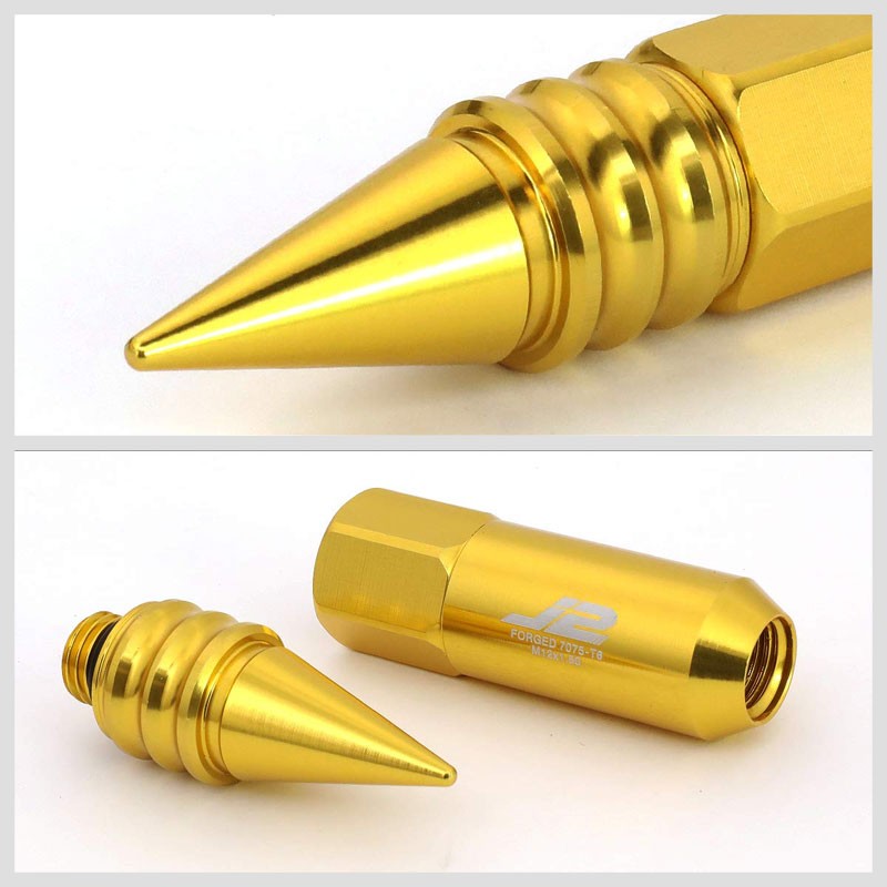 J2 Aluminum Gold Open End Acorn Tuner+Spike Cap M12x1.50 25MM OD/107MM Lug Nuts-Car & Truck Wheels-BuildFastCar