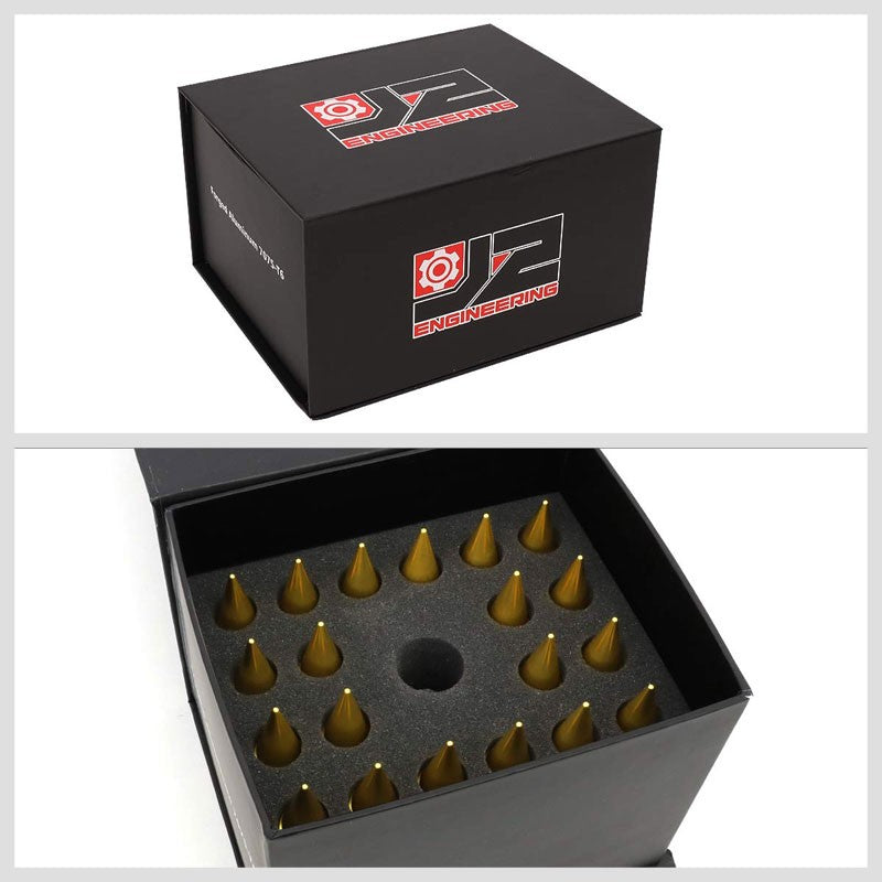 J2 Aluminum Gold Open End Acorn Tuner+Spike Cap M12x1.50 25MM OD/107MM Lug Nuts-Car & Truck Wheels-BuildFastCar