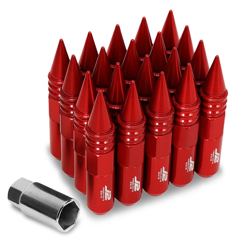 J2 Aluminum Red Open End Acorn Tuner+Spike Cap M12 x 1.50 25MM OD/107MM Lug Nuts-Car &amp; Truck Wheels-BuildFastCar