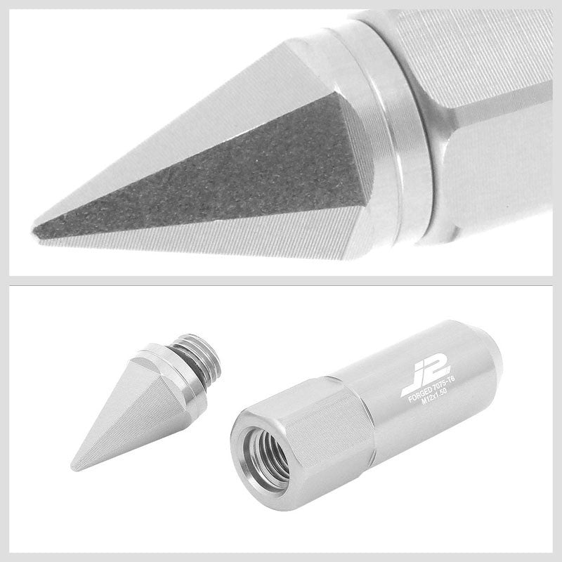 J2 Aluminum Silver Open End Acorn Tuner+Spike Cap M12x1.50 25MM OD/90MM Lug Nuts-Car & Truck Wheels-BuildFastCar-BFC-LN-T7-017-15-SL