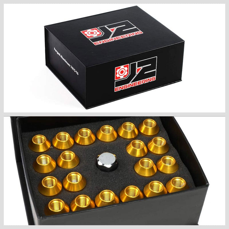 J2 Gold Close End Acorn Tuner 25MM OD/50MM M12 x 1.50 20 Pcs Lug Nuts+Adapter-Car & Truck Wheels-BuildFastCar