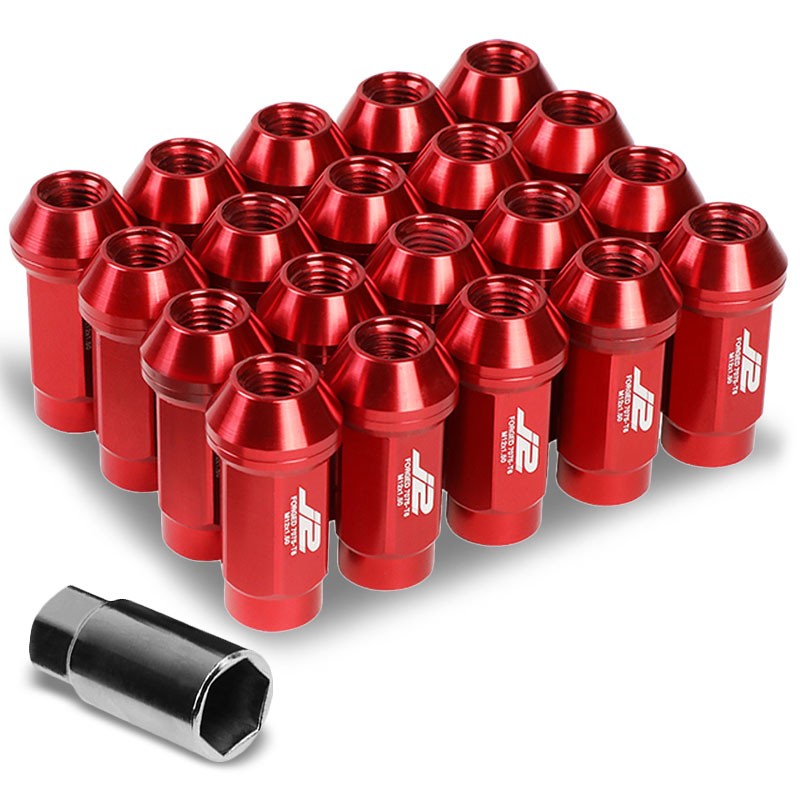J2 Red Close End Acorn Tuner 25MM OD/50MM M12 x 1.50 Lug Nuts 20 Pcs Set+Adapter-Car &amp; Truck Wheels-BuildFastCar