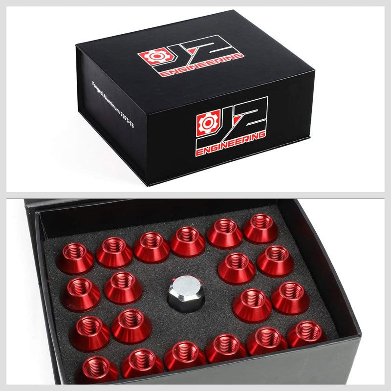J2 Red Close End Acorn Tuner 25MM OD/50MM M12 x 1.50 Lug Nuts 20 Pcs Set+Adapter-Car & Truck Wheels-BuildFastCar