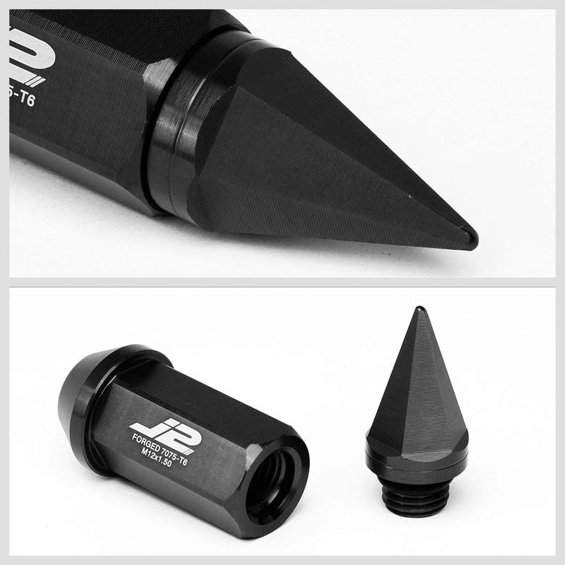 J2 Aluminum Black Open End Acorn Tuner+Spike Cap M12x1.50 25MM OD/75MM Lug Nuts-Car & Truck Wheels-BuildFastCar