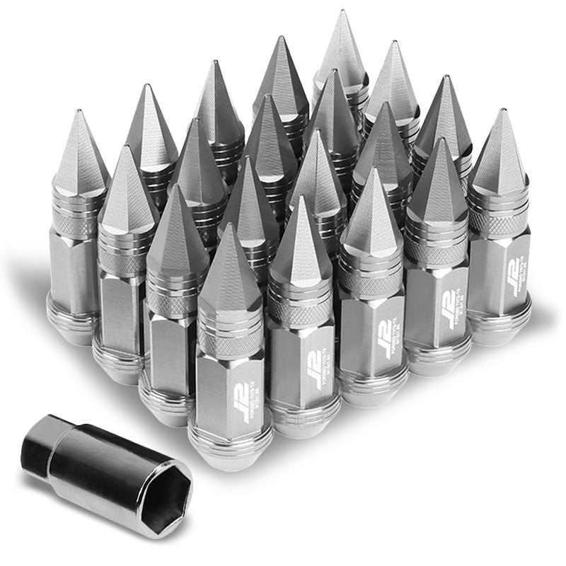 J2 Silver Open Knurled End Acorn Tuner+ Cap 25MM OD/80MM M12x1.50 Lug Nuts Set-Car &amp; Truck Wheels-BuildFastCar
