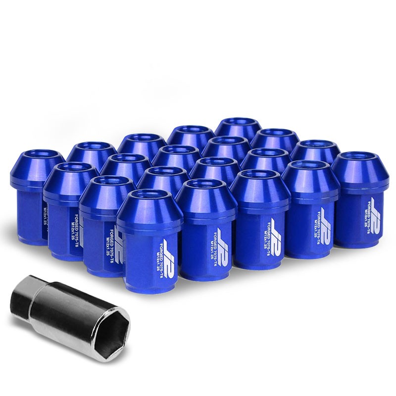J2 Blue Close End Acorn Tuner 25MM OD/35MM M12x1.25 20 Pcs Lug Nuts Set+Adapter-Car & Truck Wheels-BuildFastCar