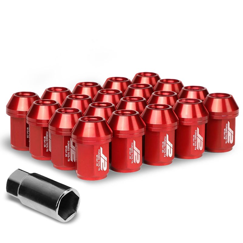 J2 Red Close End Acorn Tuner 25MM OD/35MM M12x1.25 20 Pcs Lug Nuts Set+Adapter-Car & Truck Wheels-BuildFastCar