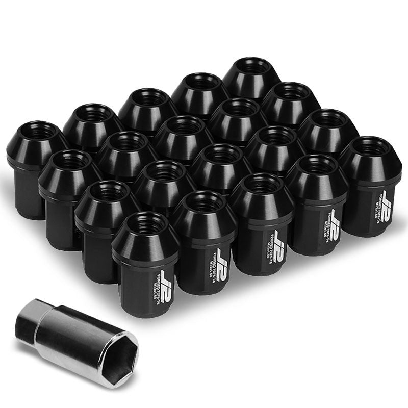 J2 Black Close End Acorn Tuner 25MM OD/35MM M12 x 1.50 20 Pcs Lug Nuts+Adapter-Car &amp; Truck Wheels-BuildFastCar