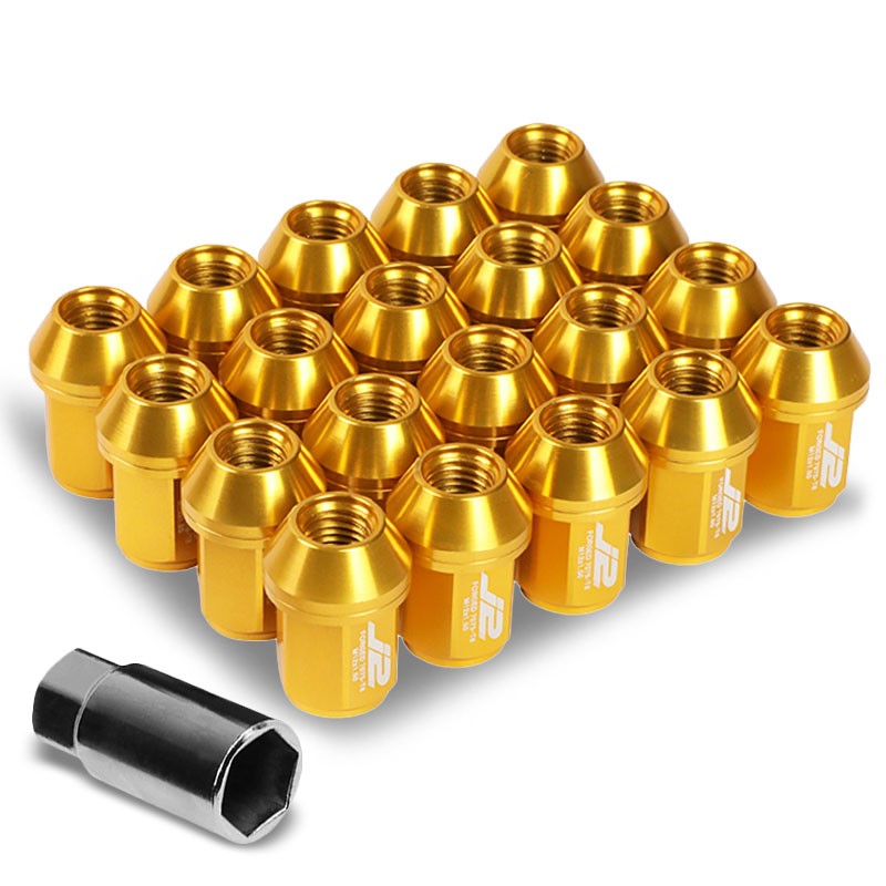 J2 Gold Close End Acorn Tuner 25MM OD/35MM M12 x 1.50 20 Pcs Lug Nuts+Adapter-Car &amp; Truck Wheels-BuildFastCar