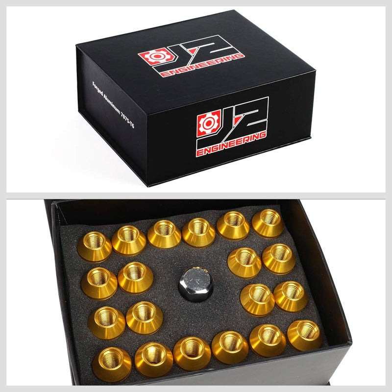 J2 Gold Close End Acorn Tuner 25MM OD/35MM M12 x 1.50 20 Pcs Lug Nuts+Adapter-Car & Truck Wheels-BuildFastCar