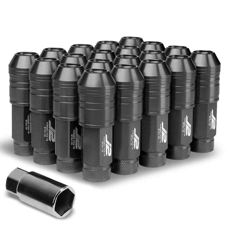 J2 Black Open Knurled End Acorn Tuner 25MM OD/70MM M12x1.25 Lug Nuts Set+Adapter-Car & Truck Wheels-BuildFastCar