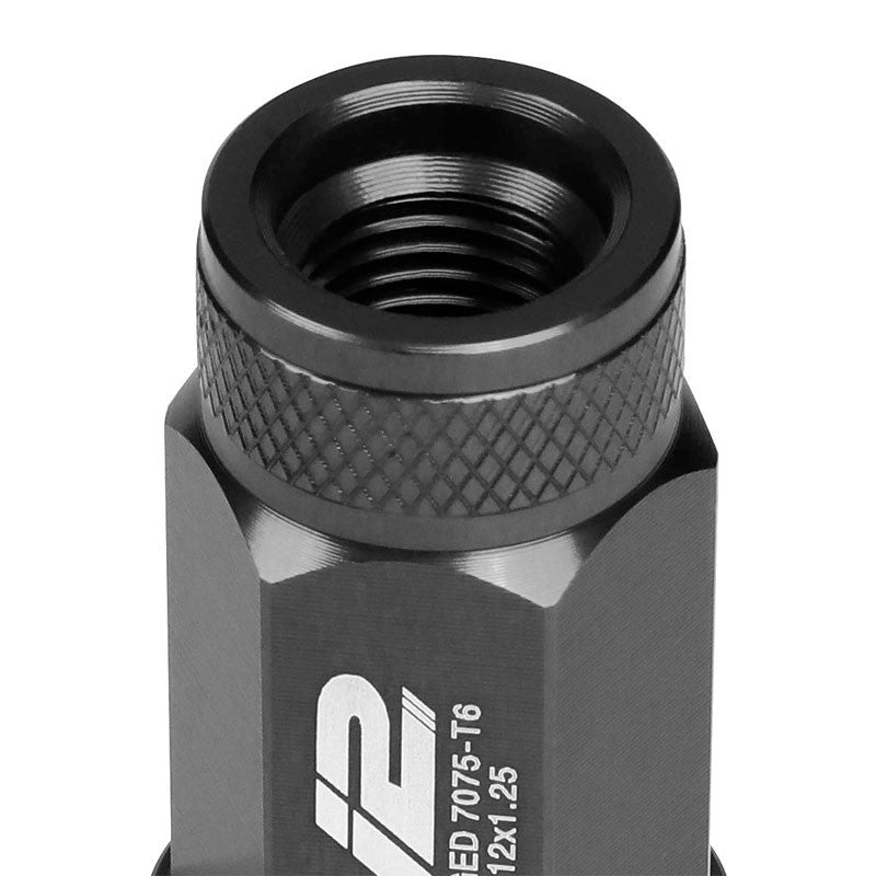 J2 Black Open Knurled End Acorn Tuner 25MM OD/70MM M12x1.25 Lug Nuts Set+Adapter-Car & Truck Wheels-BuildFastCar