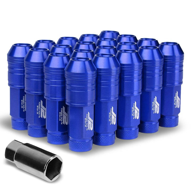 J2 Blue Open Knurled End Acorn Tuner 25MM OD/70MM M12x1.25 Lug Nuts Set+Adapter-Car &amp; Truck Wheels-BuildFastCar