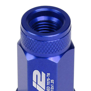 J2 Blue Open Knurled End Acorn Tuner 25MM OD/70MM M12x1.25 Lug Nuts Set+Adapter-Car & Truck Wheels-BuildFastCar