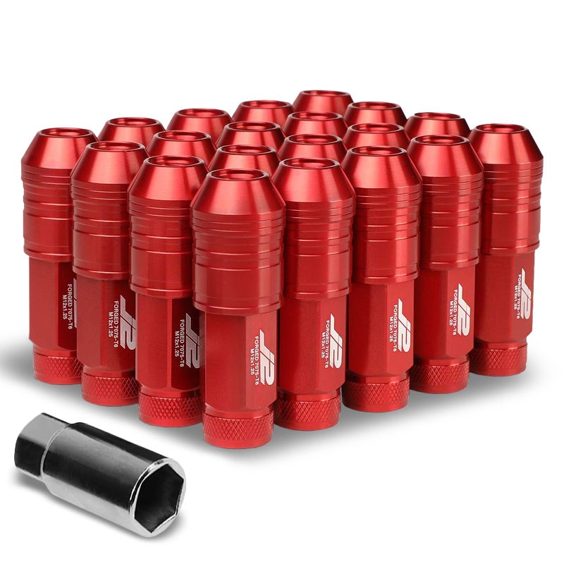 J2 Red Open Knurled End Acorn Tuner 25MM OD/70MM M12x1.25 Lug Nuts Set+Adapter-Car & Truck Wheels-BuildFastCar