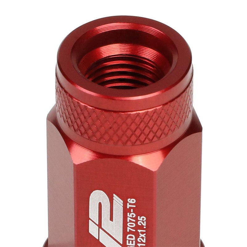 J2 Red Open Knurled End Acorn Tuner 25MM OD/70MM M12x1.25 Lug Nuts Set+Adapter-Car & Truck Wheels-BuildFastCar