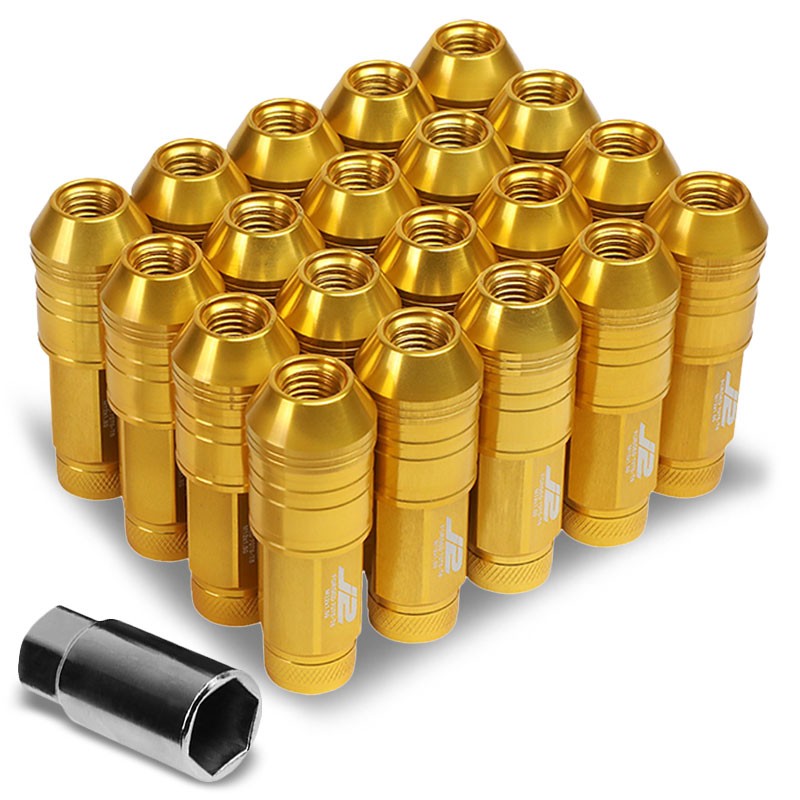 J2 Gold Open Knurled End Acorn Tuner 25MM OD/70MM M12 x 1.50 Lug Nuts+Adapter-Car &amp; Truck Wheels-BuildFastCar