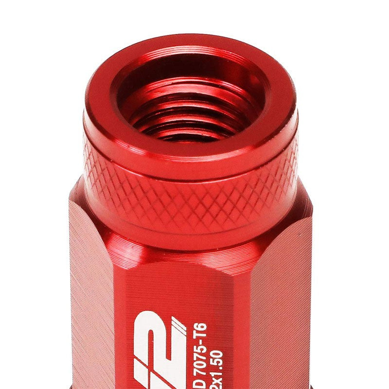 J2 Red Open Knurled End Acorn Tuner 70MM M12x1.50 Lug Nuts 20 Pcs Set+Adapter-Car & Truck Wheels-BuildFastCar