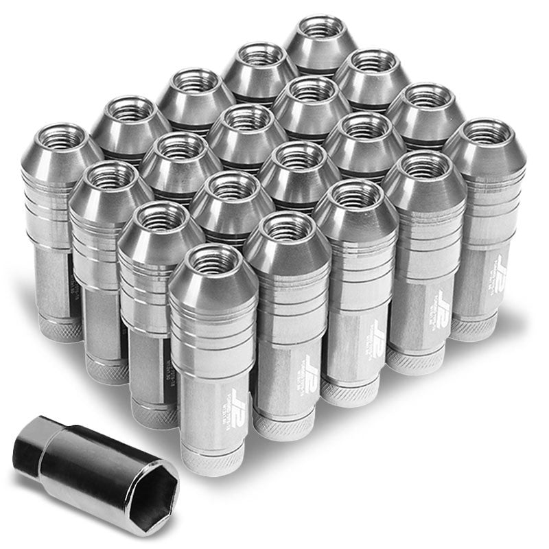 J2 Silver Open Knurled End Acorn Tuner 25MM OD/70MM M12 x 1.50 Lug Nuts+Adapter-Car & Truck Wheels-BuildFastCar