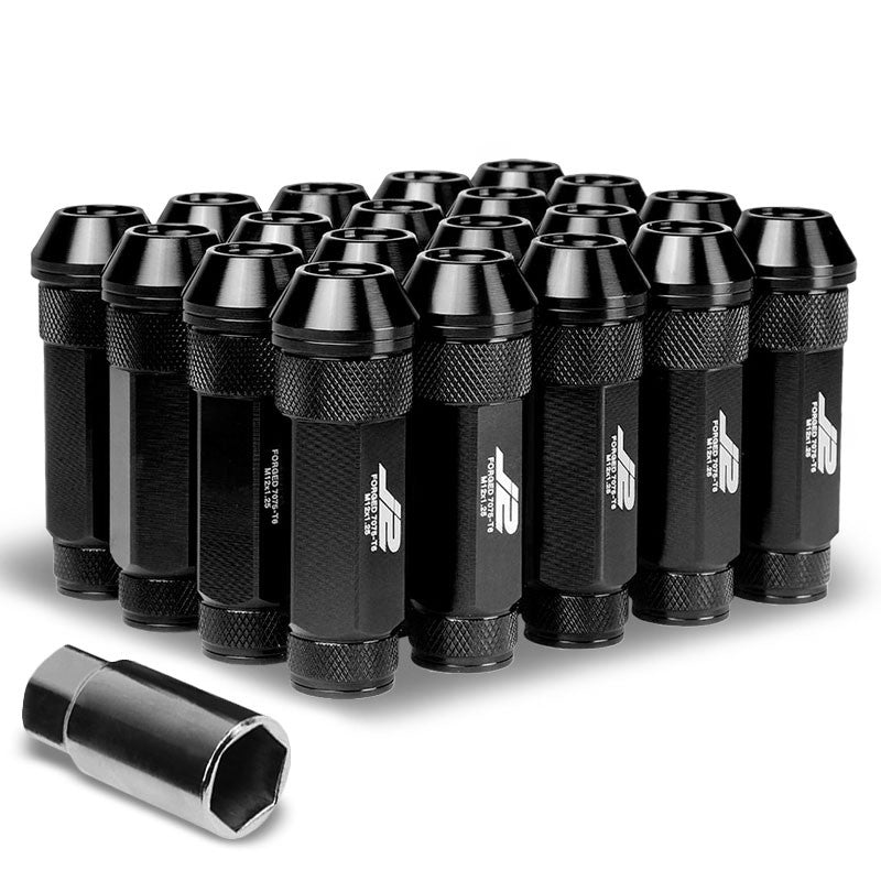J2 Black Open Double Knurled End Acorn Tuner 70MM M12x1.25 Lug Nuts Set+Adapter-Car & Truck Wheels-BuildFastCar
