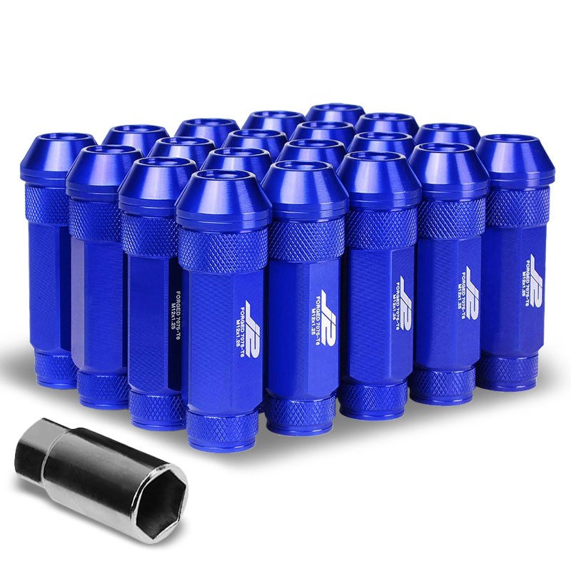 J2 Blue Open Double Knurled End Acorn Tuner 70MM M12x1.25 Lug Nuts Set+Adapter-Car &amp; Truck Wheels-BuildFastCar