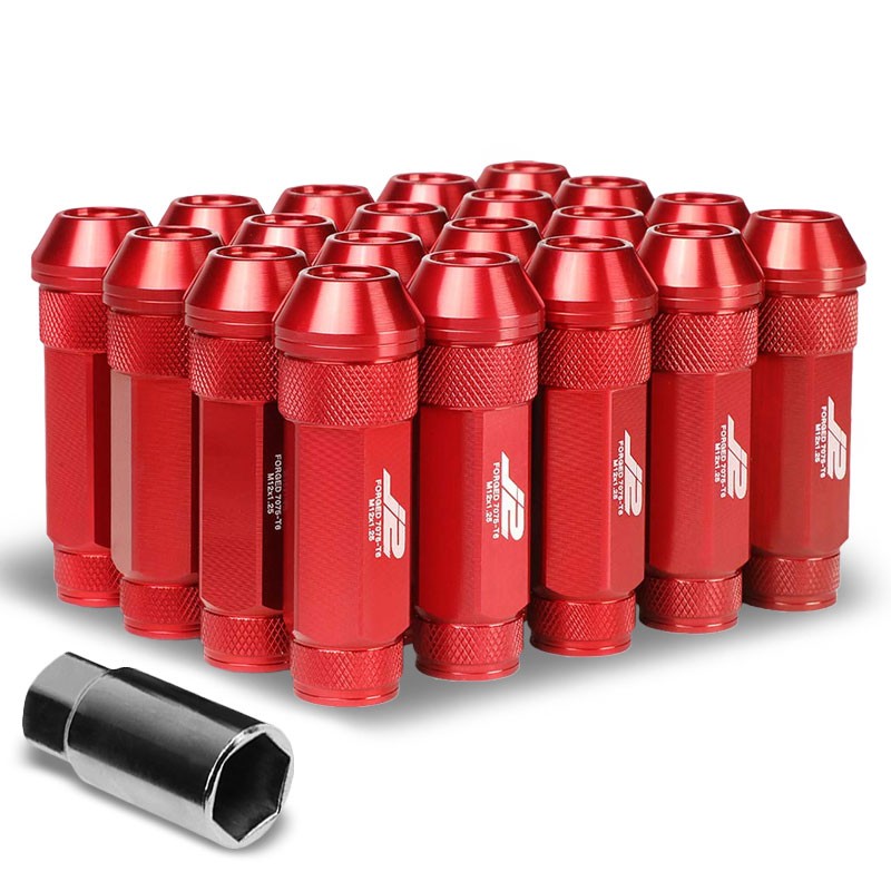 J2 Red Open Double Knurled End Acorn Tuner 70MM M12x1.25 Lug Nuts Set+Adapter-Car &amp; Truck Wheels-BuildFastCar