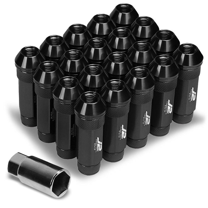 J2 Black Open Double Knurled End Acorn Tuner 70MM M12x1.50 Lug Nuts Set+Adapter-Car & Truck Wheels-BuildFastCar