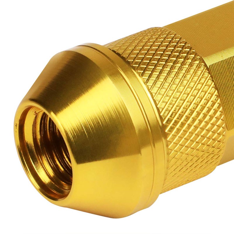 J2 Gold Open Double Knurled End Acorn Tuner 70MM M12x1.50 Lug Nuts Set+Adapter-Car & Truck Wheels-BuildFastCar