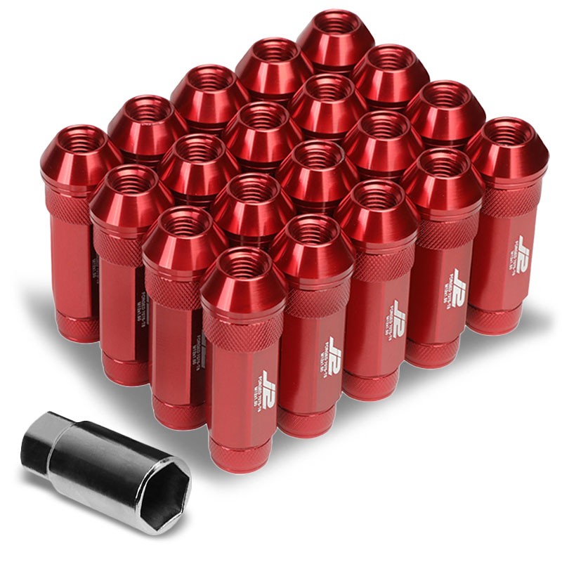 J2 Red Open Double Knurled End Acorn Tuner 70MM M12x1.50 Lug Nuts Set+Adapter-Car &amp; Truck Wheels-BuildFastCar
