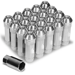J2 Silver Open Double Knurled End Acorn Tuner 70MM M12x1.50 Lug Nuts Set+Adapter-Car & Truck Wheels-BuildFastCar