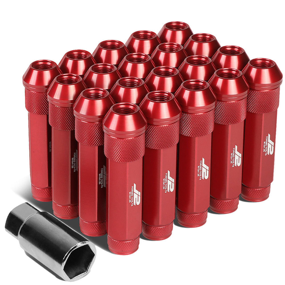 20PCs J2 Engineering Forged Aluminum Red Lug Nut [Open Double Knurled End Acorn T7-027] [Conical Seat / M12 x 1.25]