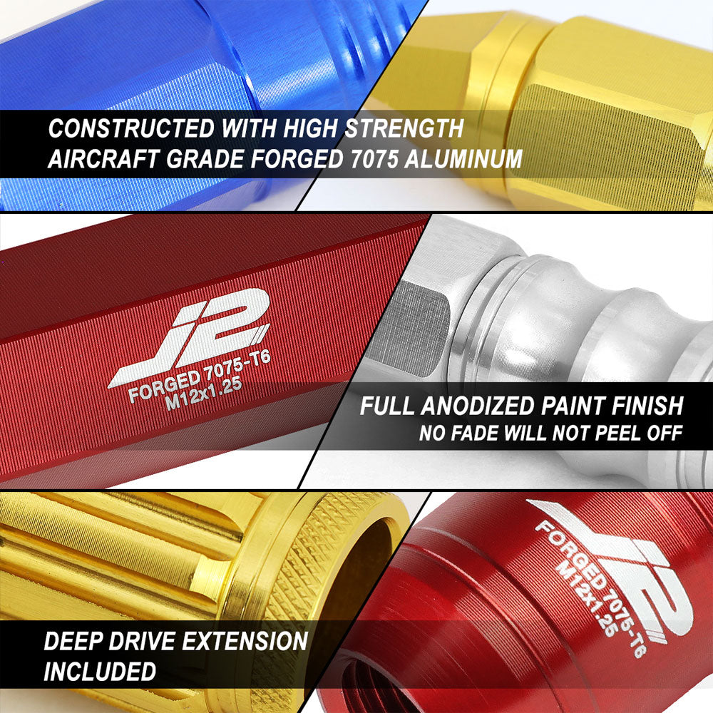 20PCs J2 Engineering Forged Aluminum Red Lug Nut [Open Double Knurled End Acorn T7-027] [Conical Seat / M12 x 1.25]