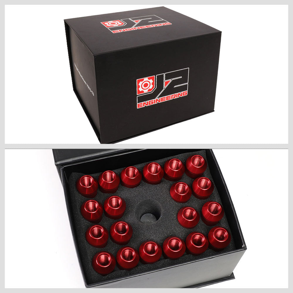 20PCs J2 Engineering Forged Aluminum Red Lug Nut [Open Double Knurled End Acorn T7-027] [Conical Seat / M12 x 1.25]