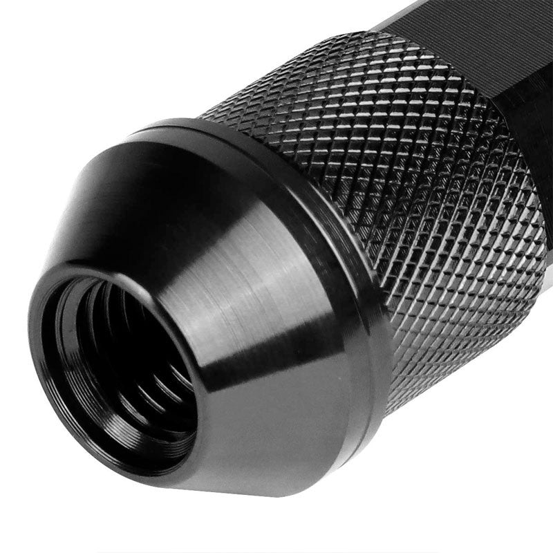 J2 Black Open Double Knurled End Acorn Tuner 90MM M12x1.50 Lug Nuts Set+Adapter-Car & Truck Wheels-BuildFastCar