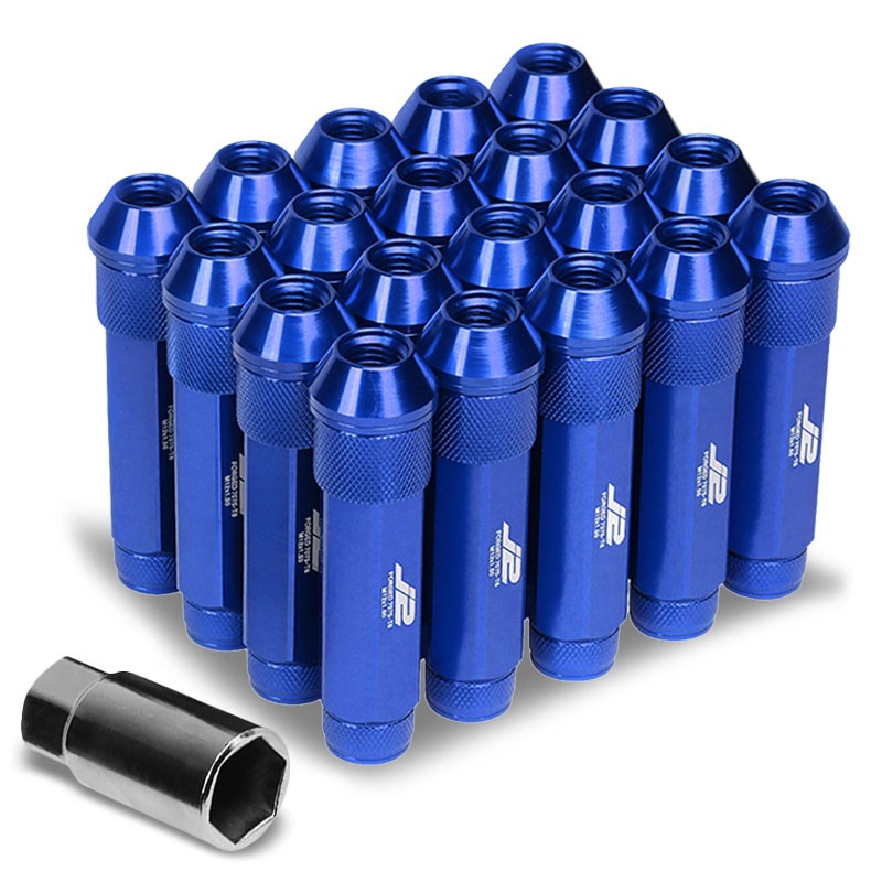 J2 Blue Open Double Knurled End Acorn Tuner 90MM M12x1.50 Lug Nuts Set+Adapter-Car & Truck Wheels-BuildFastCar