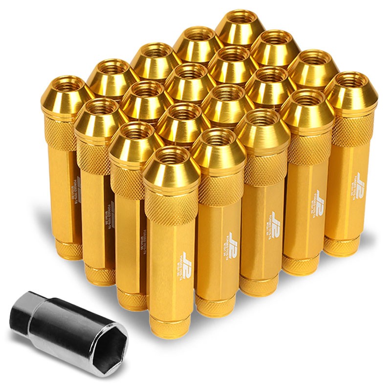 J2 Gold Open Double Knurled End Acorn Tuner 90MM M12x1.50 Lug Nuts Set+Adapter-Car &amp; Truck Wheels-BuildFastCar