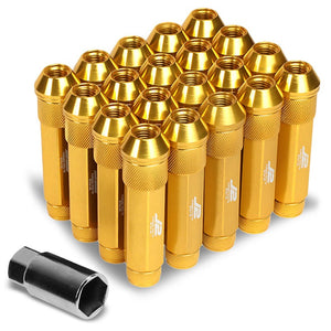 J2 Gold Open Double Knurled End Acorn Tuner 90MM M12x1.50 Lug Nuts Set+Adapter-Car & Truck Wheels-BuildFastCar