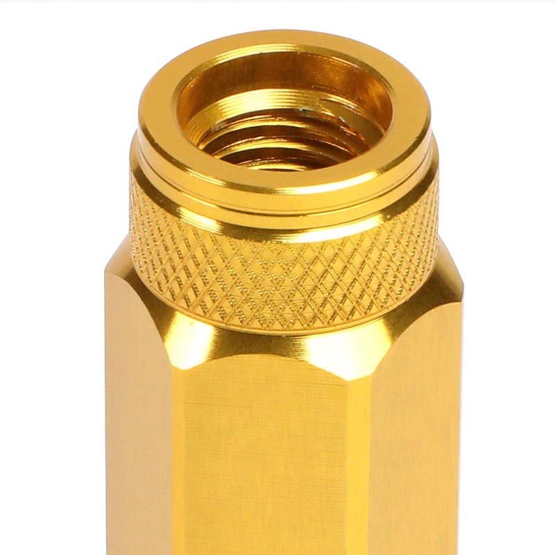 J2 Gold Open Double Knurled End Acorn Tuner 90MM M12x1.50 Lug Nuts Set+Adapter-Car & Truck Wheels-BuildFastCar