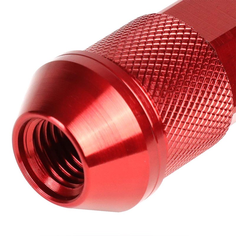 J2 Red Open Double Knurled End Acorn Tuner 90MM M12x1.50 Lug Nuts Set+Adapter-Car & Truck Wheels-BuildFastCar