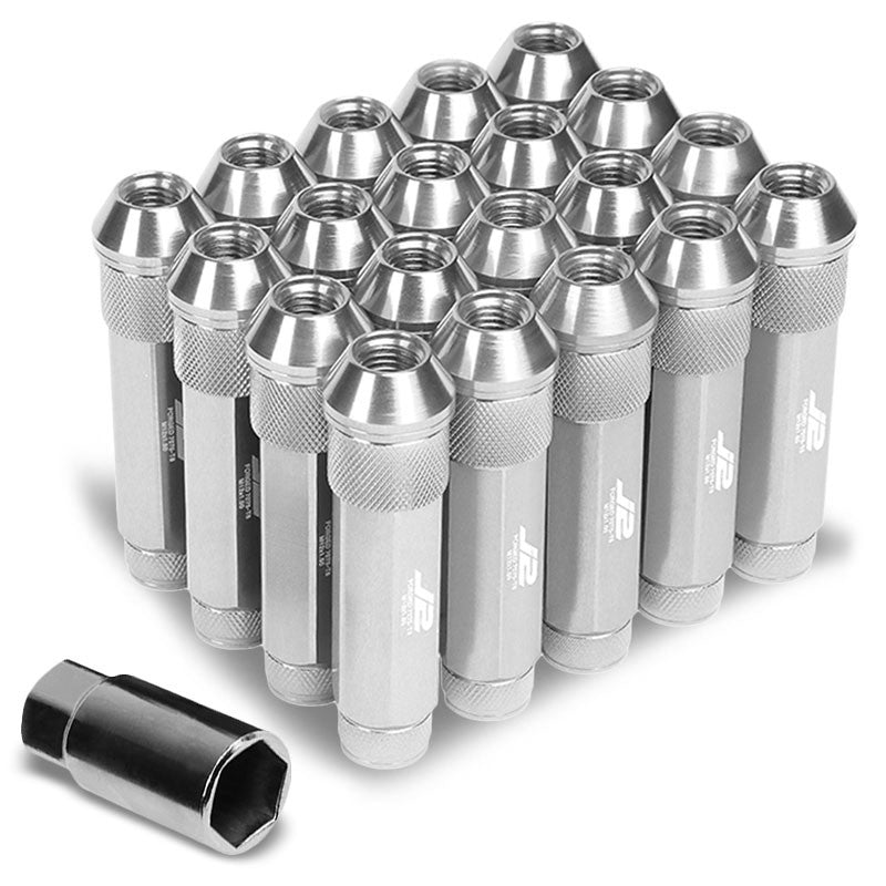 J2 Silver Open Double Knurled End Acorn Tuner 90MM M12x1.50 Lug Nuts Set+Adapter-Car & Truck Wheels-BuildFastCar