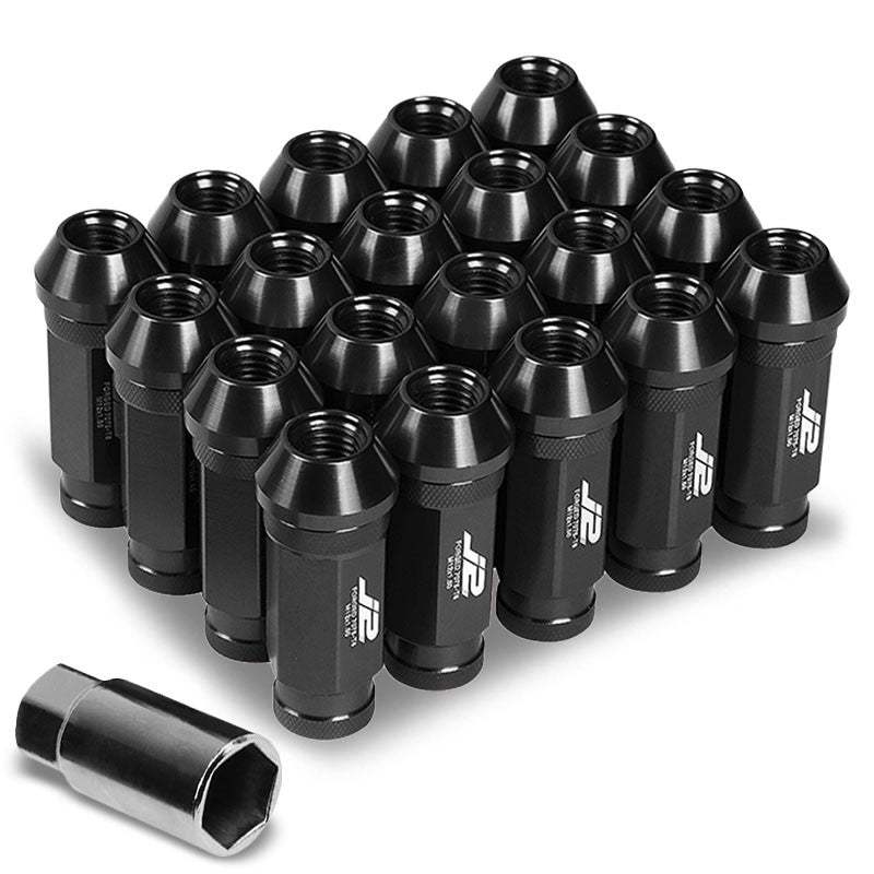 J2 Black Open Knurled End Acorn Tuner 25MM OD/60MM M12 x 1.50 Lug Nuts+Adapter-Car & Truck Wheels-BuildFastCar
