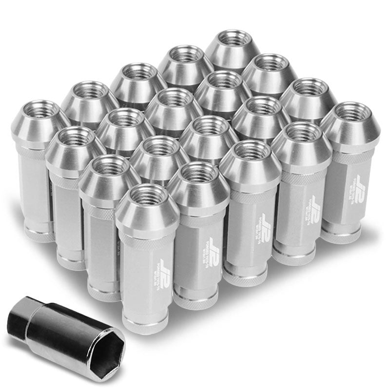 J2 Silver Open Knurled End Acorn Tuner 25MM OD/60MM M12 x 1.50 Lug Nuts+Adapter-Car & Truck Wheels-BuildFastCar