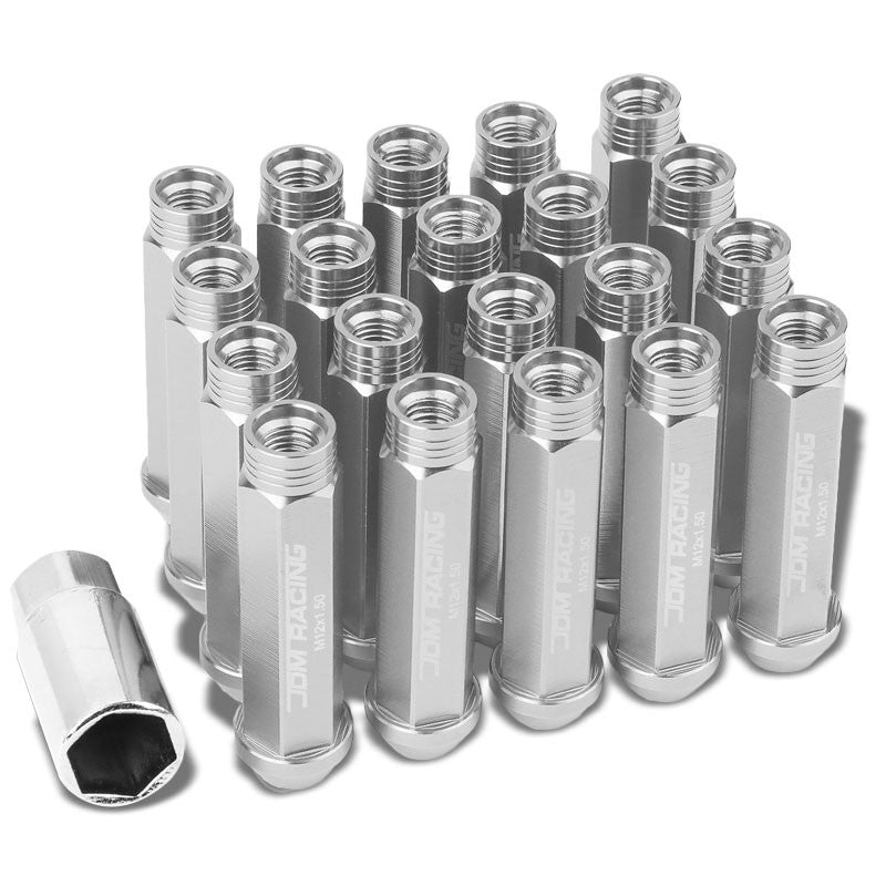 Silver Aluminum M12x1.50 90MM Tall Open Rim End Acorn Tuner 20x Conical Lug Nuts-Accessories-BuildFastCar