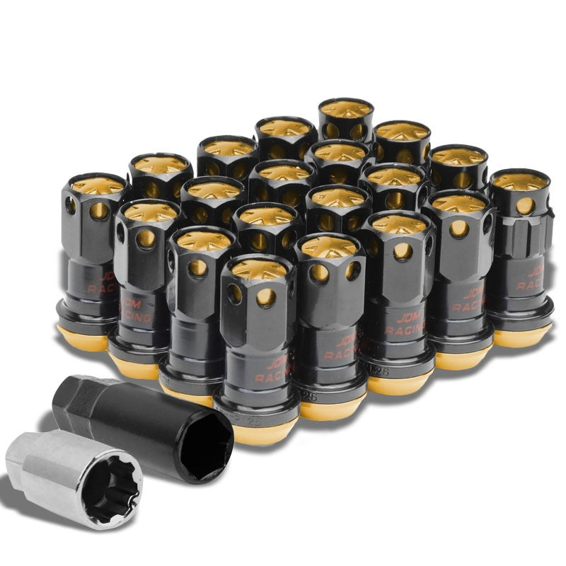 Gold Accent/Black Body M12x1.25 Conical Close Tuner 16x Lug Nuts+4 Lock Nuts-Accessories-BuildFastCar